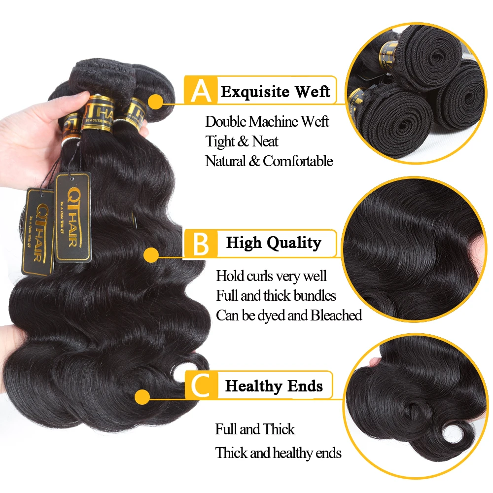QT Hair Brazilian Body Wave 3 Bundles With Frontal Closure Brazilian Hair Weave Bundles With Frontal 13x4 Remy Hair Extension
