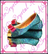 Aidocrystal 2016 designer flache schuhe peep toe blue bowknot kristall hochzeit schuhe für damen