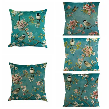 

New Style Natural Scenery Pillowcase Birds Flower Cushion Home Decorative Pillows Butterfly Linen Cojines Pillow Cover