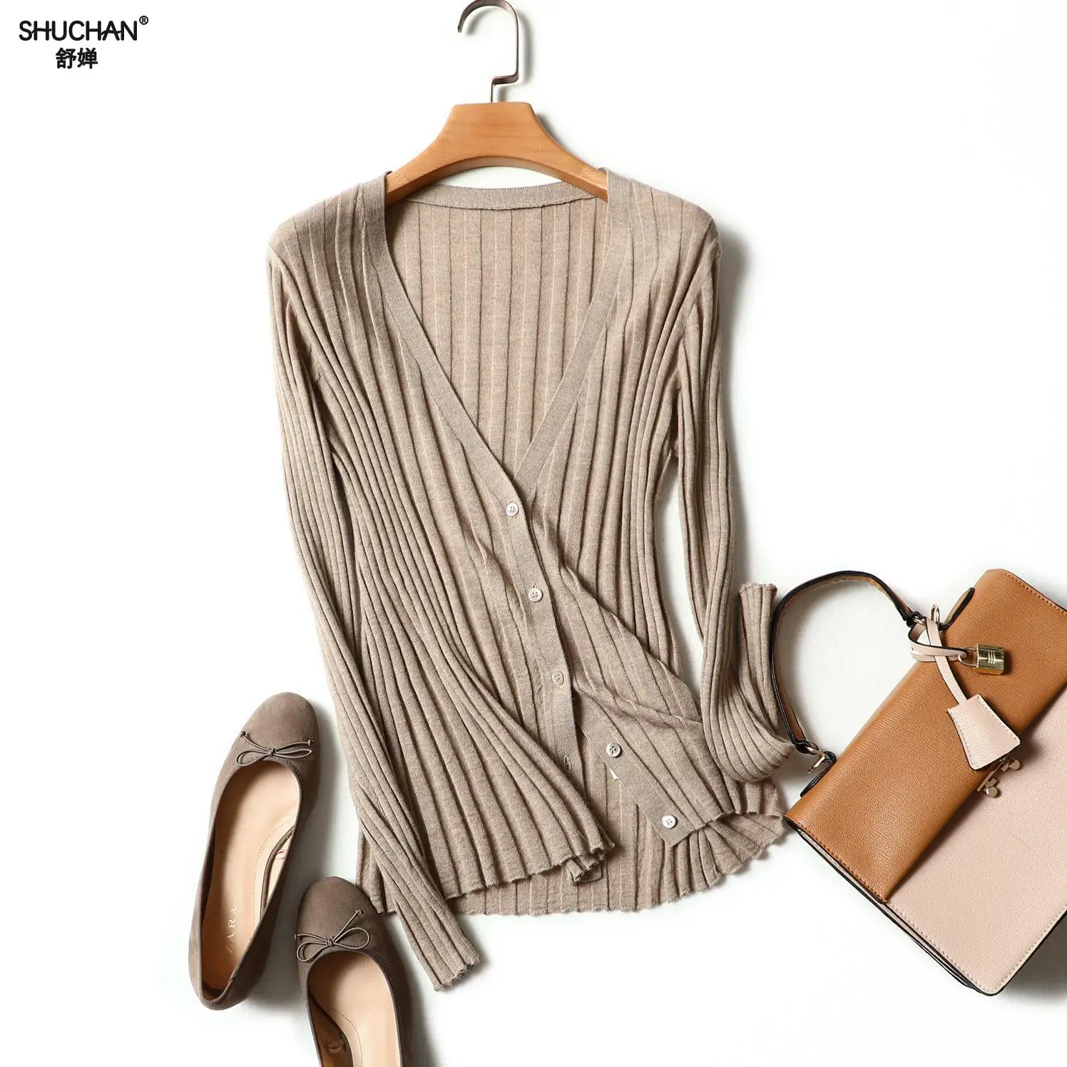 

SHUCHAN 2017 Cardigan Autumn-winter New Arrival Women Cashmere Cardigan With Long Sleeves Ladies Fashion Office Lady 17151