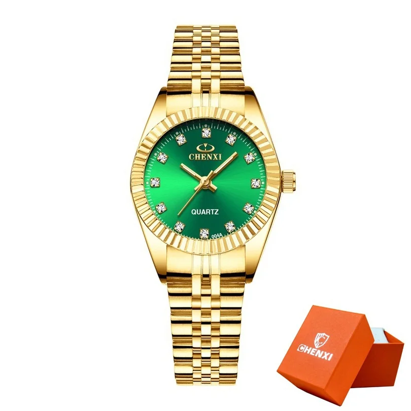 CHENXI мужские модные часы женские кварцевые часы роскошные золотые наручные часы из нержавеющей стали для влюбленных платье часы в коробке подарок - Цвет: Women Green Dial