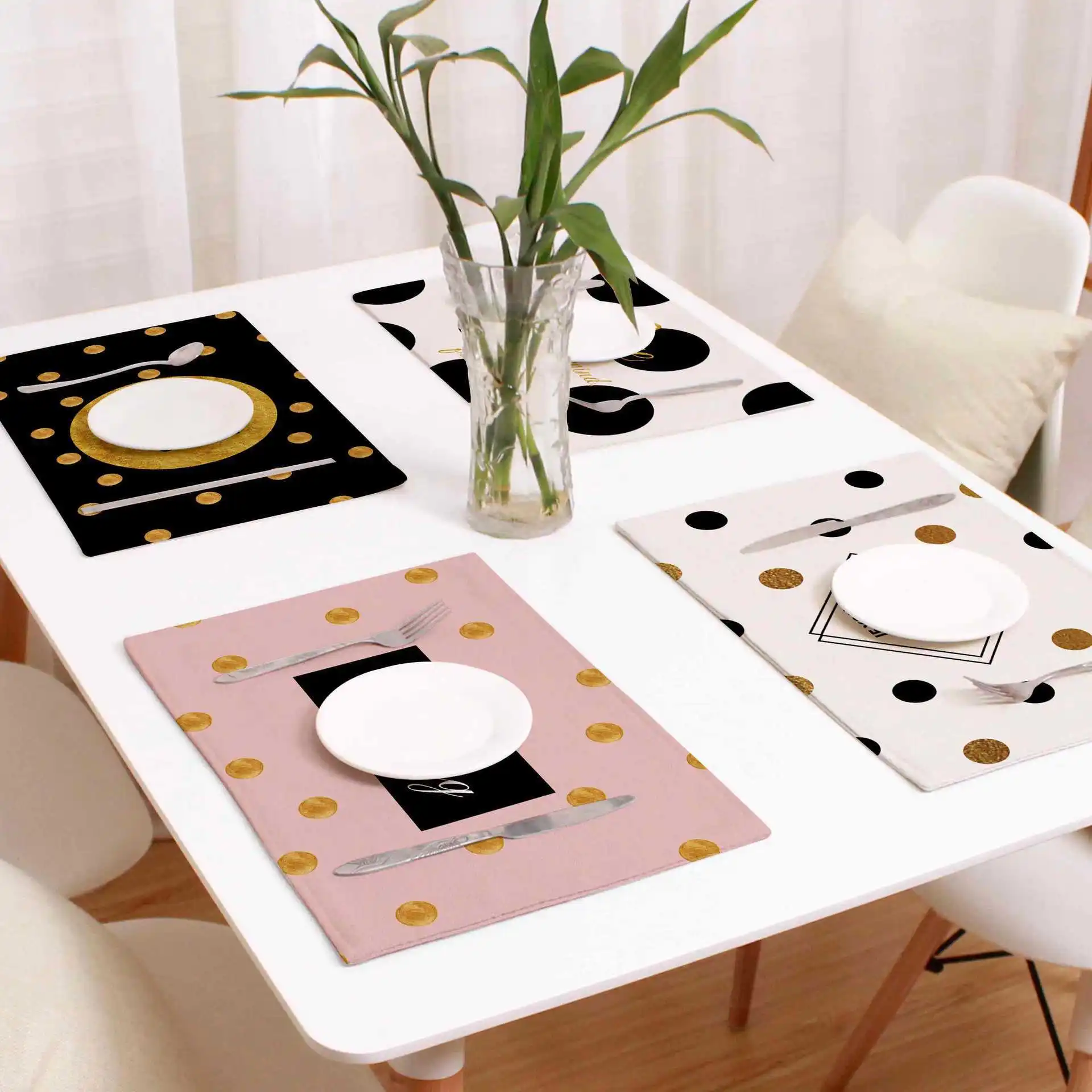 

Catus Dots Placemat Pad Dining Table Linen Cotton Mat Waterproof Heat Insulation Non Slip Placemats Bowl Chic Coaster 44X28CM