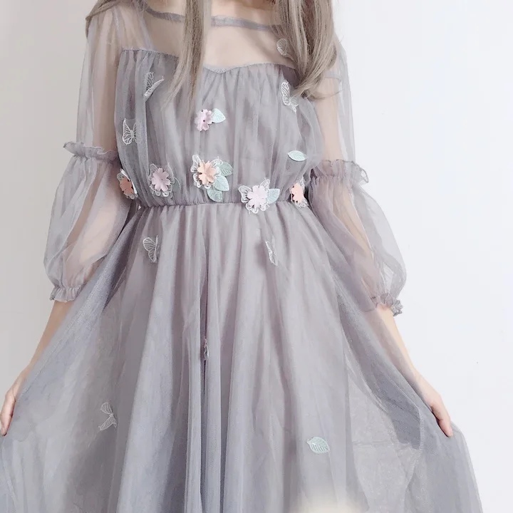 Женское платье в стиле Лолиты с вышивкой бабочки; милые летние платья для девочек с пышными рукавами; текстурное кружевное платье феи с цветочным узором