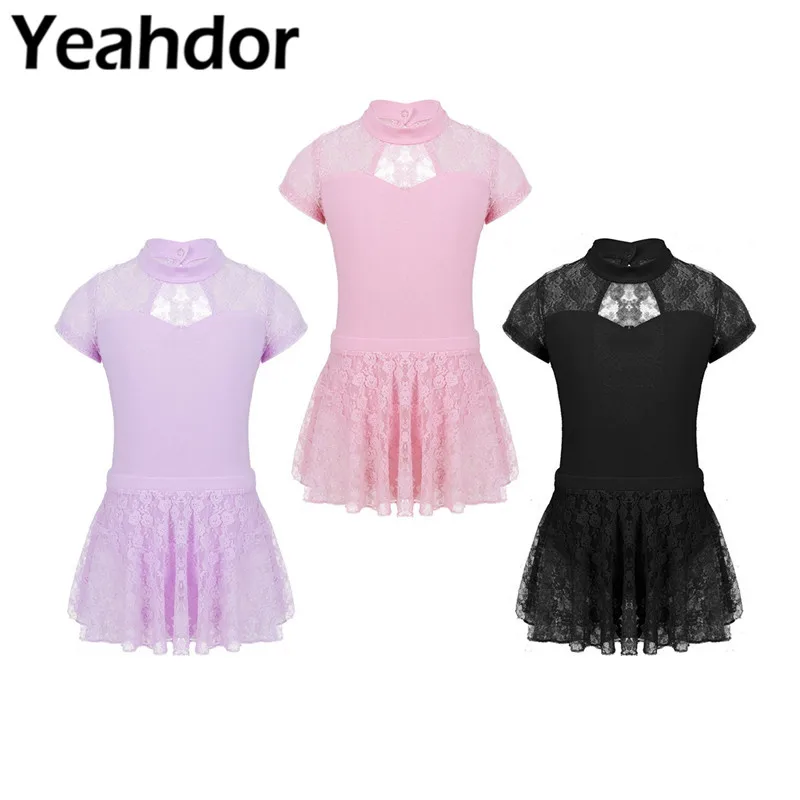 

Kids Girls Short Sleeves Mock Neck Floral Lace Splice Cutout Back Ballet Dance Gymnastics Leotard with Lace Skirt Outfit Set