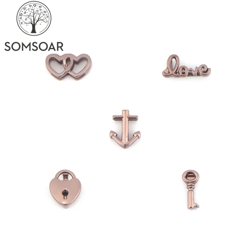 

Somsoar Jewelry Coffee Slide Charms fit 10mm Wide Mesh Bracelet mixed Double Heart & anchor & lock & key Charms 10pcs/lot