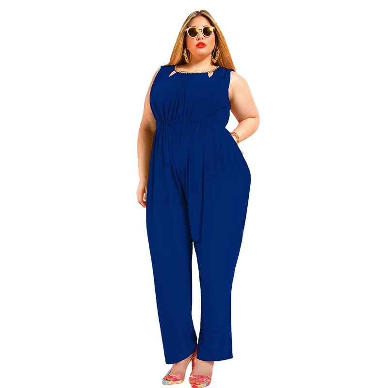 

Plus size 3XL 4XL 5XL jumpsuit women clothing 2018 sleeveless sexy party tunic slim romper fat loose blue black macacao overallS