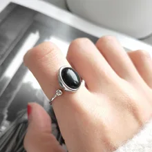 Настоящее Серебро S925 пробы в стиле панк, ювелирные украшения, полированные круглые бусины и черный агат, открытые кольца, отрегулируйте J404