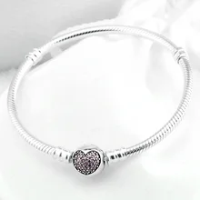 Authenetic 925 Sterling Silver Bracelet Crystal Love Heart Clasp Snake Chain Bracelets Bangle Fit Bead Charm DIY Jewelry HKC4004