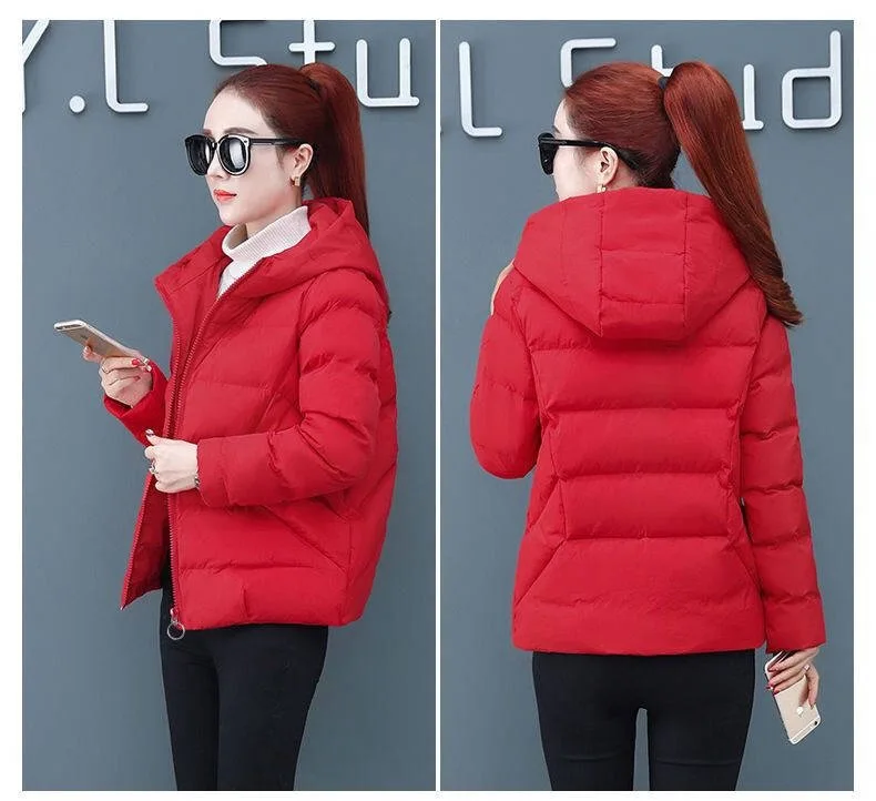 Vangul Casual Ladies Solid Padded Jacket Short Autumn Winter Wadded Jacket Women Hooded Coats Red Female Parkas Outwear New