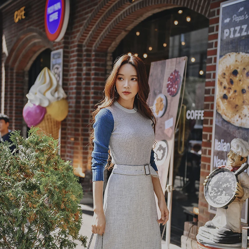 

Dabuwawa Women Winter Splicing Knitted Sweater New Long Sleeve Patchwork Elegant Pullover Sweater Top D18DJS034