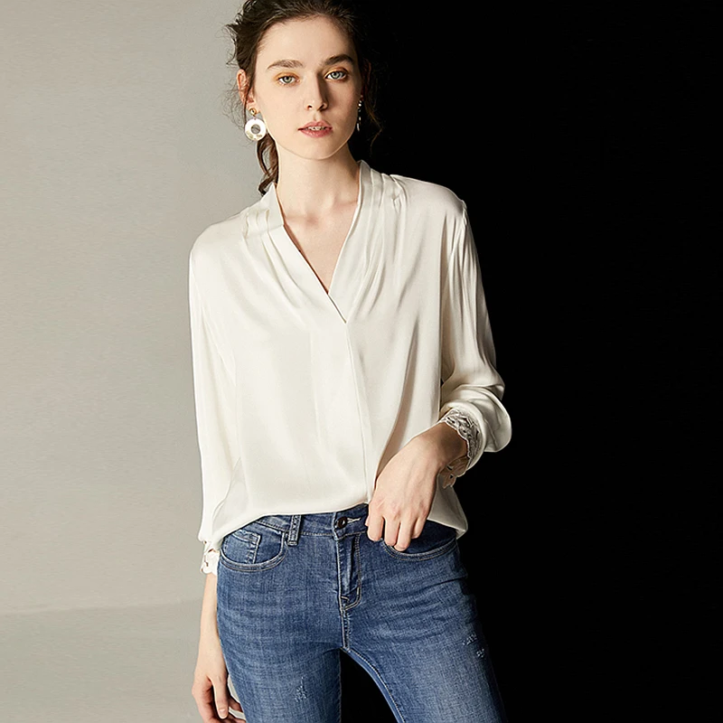 Шелковая женская блузка, белая рубашка, элегантный дизайн, одноцветная, v-образный вырез, вышивка, длинный рукав, офисный Топ, новая мода