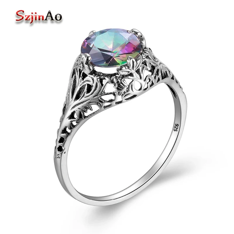 

Szjinao Fashion Rings Women Real 925 Sterling Silver Wedding Ring Mystic Rainbow Topaz Engagement Rings Bridal Jewelry JT270