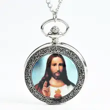 Серебристые Ретро Иисуса Holing Святого библея старинные карманные часы ожерелье католицистская религия кварцевые часы цепь женщины мужчины подарок