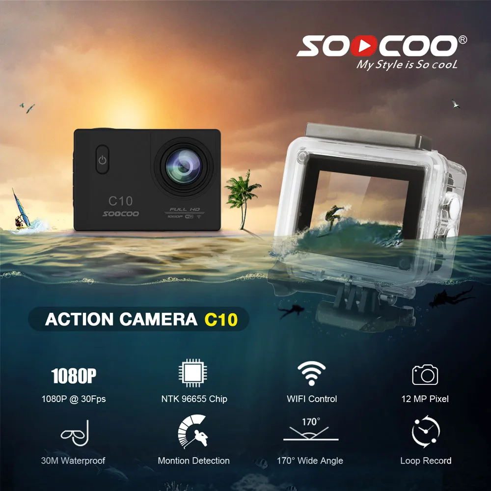 Новинка SOOCOO C10 Full-HD спортивная Экшн-камера NOVATEK96655 с Wifi cam 1080p 12MP 170 градусов широкоугольный объектив водонепроницаемый 900mah