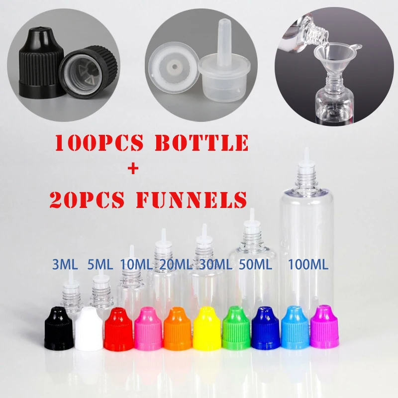 

100pcs 3ml/5ml/10ml/15ml/20ml/30ml/50ml/100ml Empty Plastic PET E Liquid Dropper Bottles Juice Eye Bottle Long Tip Cap w/ Funnel