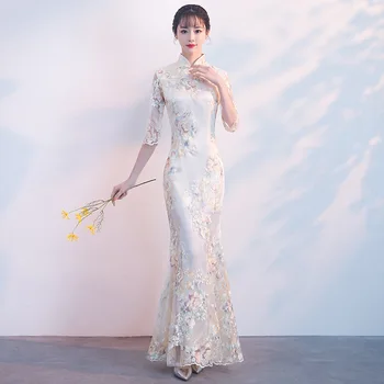 

Vintage Champagne Mandarin Collar Evening Cheongsam Autumn New Women Lace Flower Qipao Classic Female Wedding Dress Vestidos