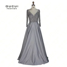 Реальные фотографии, качественное Элегантное длинное вечернее платье ручной работы с v-образным вырезом и бисером, бальное платье с длинным рукавом OL102937