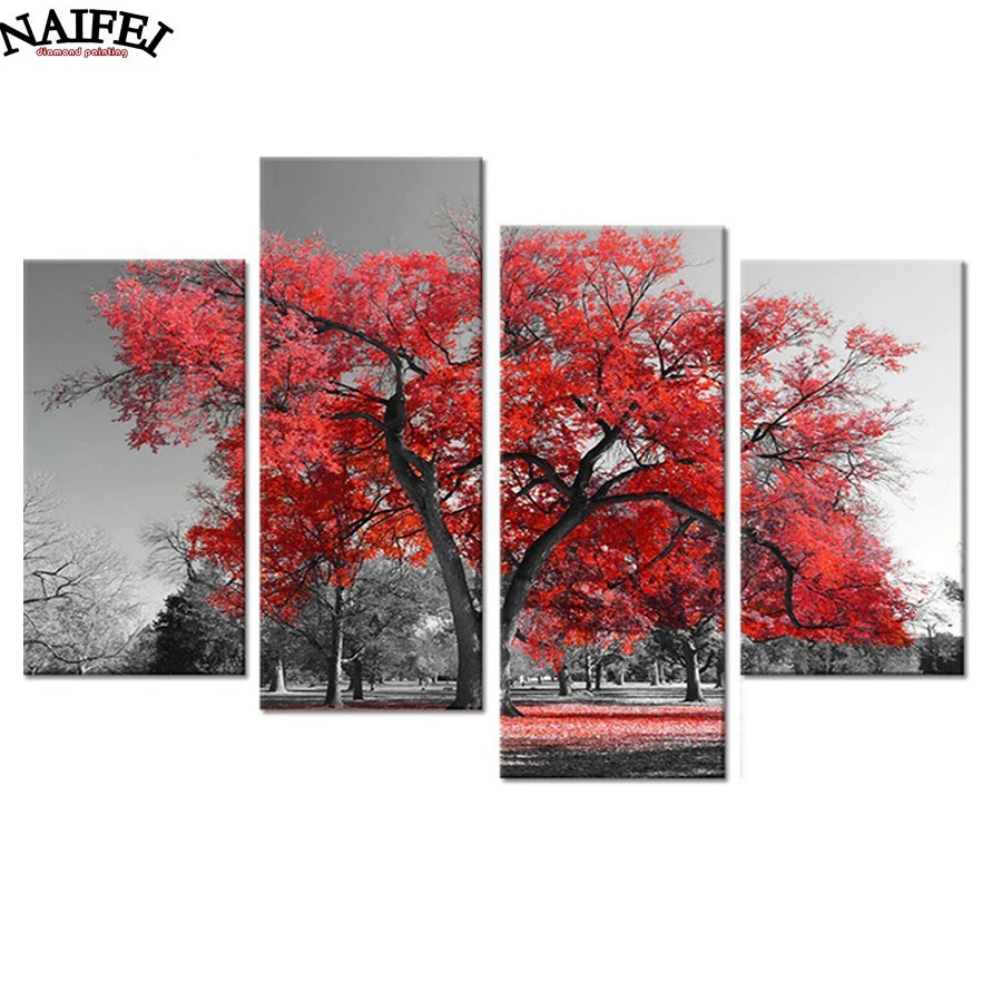

4 pcs/set 5d Diamond embroidery red tree needlework cross stitch sets full square diamond diy diamond painting natural scenery