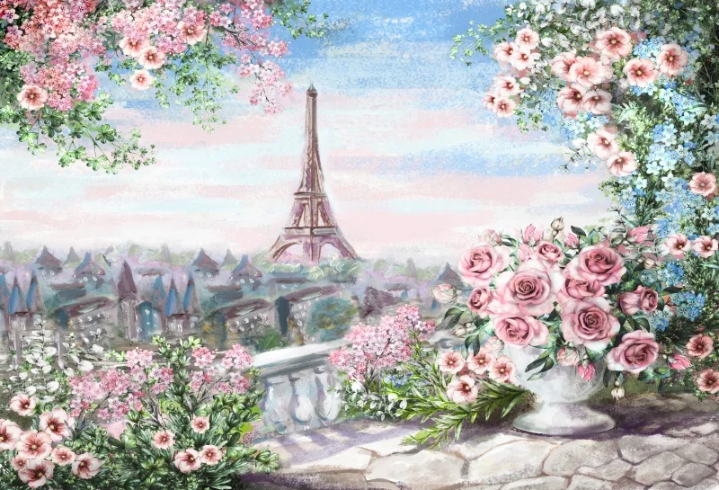Laeacco Эйфелева башня Париж фотографии фоны цветы балкон живопись Ребенок Пользовательские фотографические фоны для фотостудии