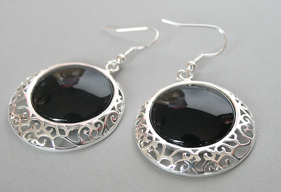 

925 Sterling Silver Hook Natural Black Agate Onyx Coin Beads Earrings 2