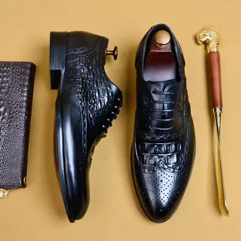 

QYFCIOUFU Genuine Leather Formal Derby Shoes Men Pointed Toe Lace Up Elegant Dress Shoes Comfortable Oxfords Footwear US 11.5