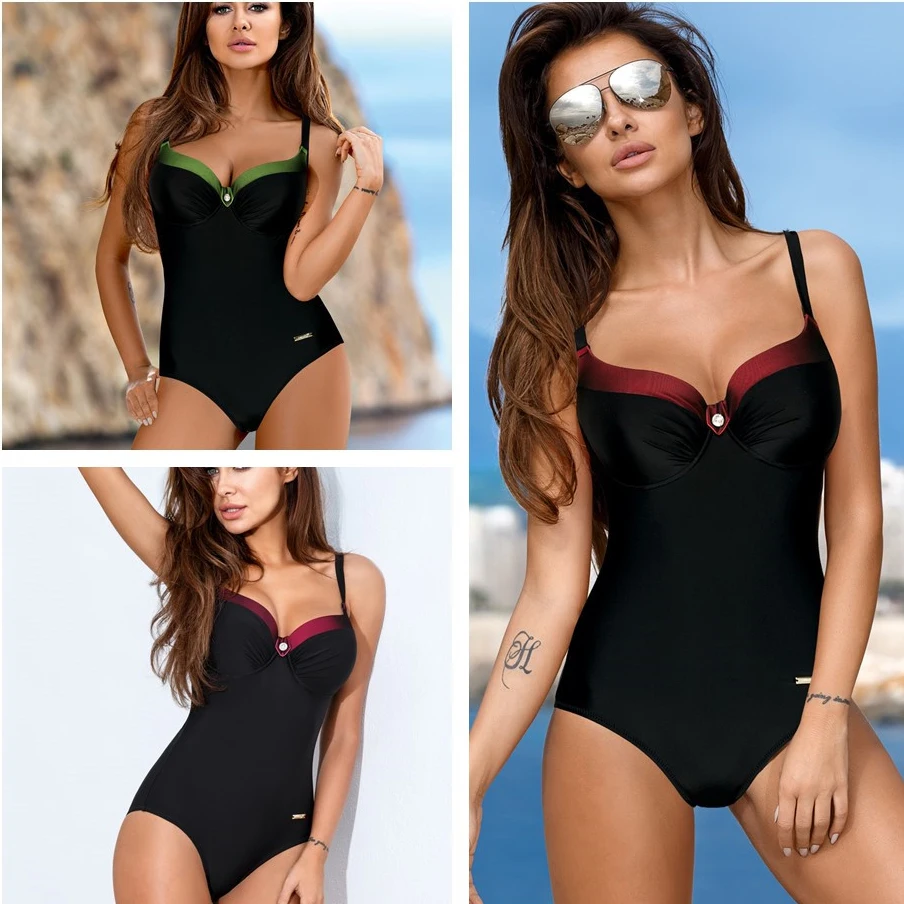 ESSV One Piece Push Up Swimsuit Plus Size Swimwear 2019 Women Sexy Padded Summer Bathing Suit Beachwear Patchwork Bodysuit-0