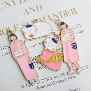 

Newest 40pcs/Lot Japanese Style Enamel Alloy Charms Gold Tone Plated Drip Oil Animal Cat Kimono girl necklace Jewelry Pendants