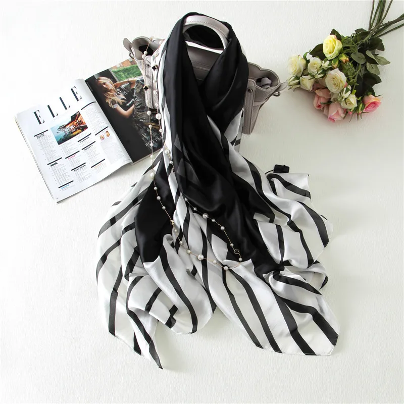 [Видимые оси] весенний Модный женский черно-белый полосатый Шелковый шарф роскошный бренд мягкие яркие шелковые шарфы