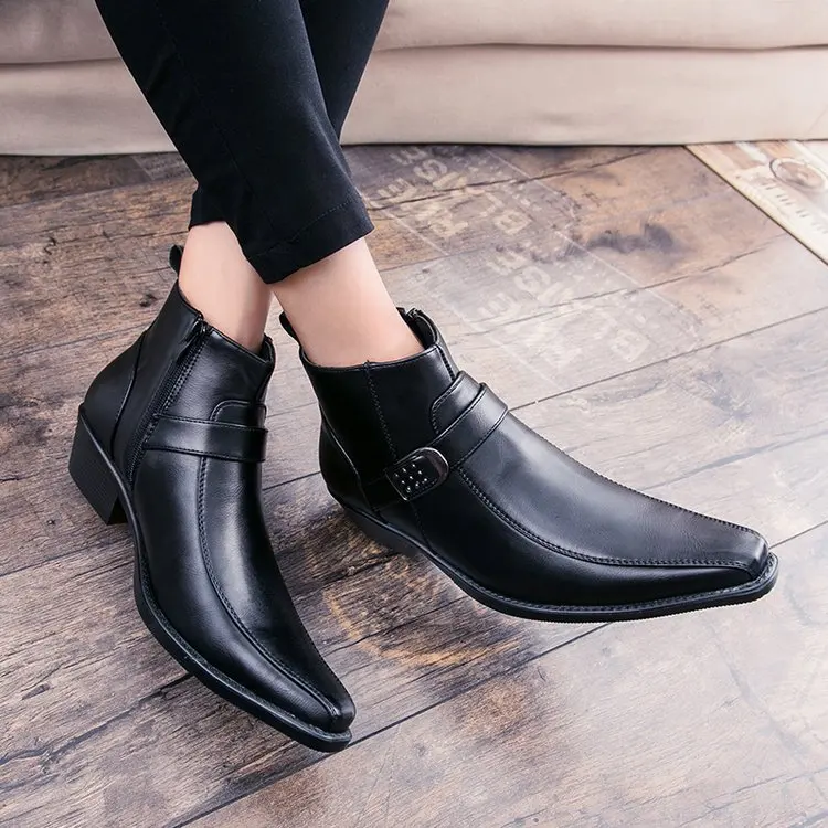 

British Mens Pointed Toe Buckle High Top Ankle Boots Med Heel Retro Shoes Black Brown S139