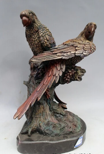 

wholesale factory 14"Western ART Bronze Marble Double habitat parrot perch on the tree statue