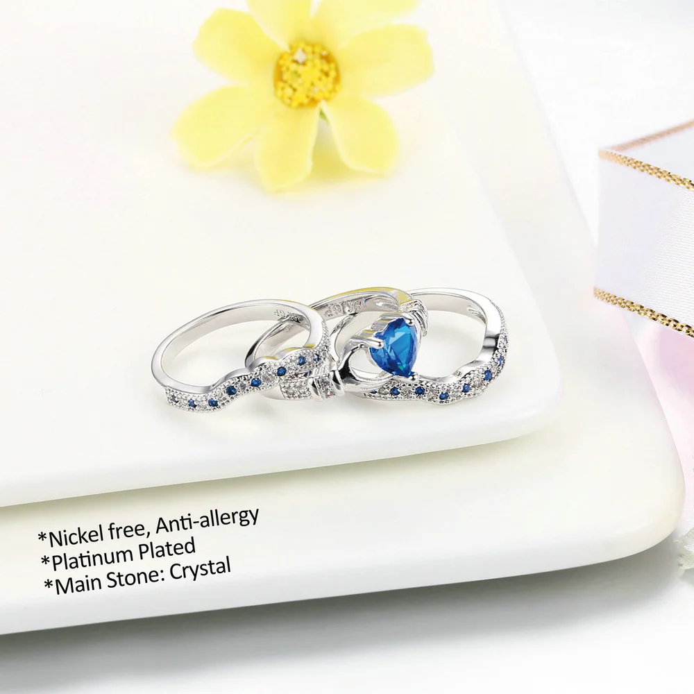 Double Fair Brand Blue Crown Heart Cubic Zirconia Ring Sets Silver Color Fashion Wedding Crystal Women Party Jewelry DFR615