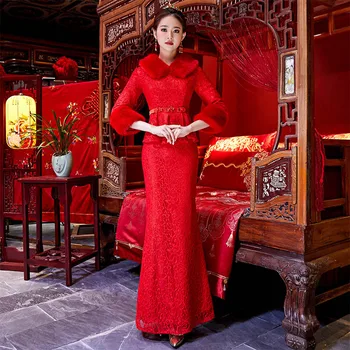 

Winter New Women Toast Clothing Chinese Red Flower Lady Qipao Vintage Improved Cheongsam Elegant Mermaid Party Evening Dress