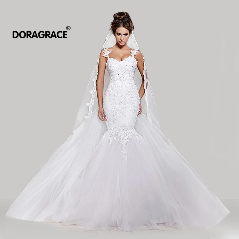 Doragrace аппликация бисером свадебное платье с юбкой-годе Свадебные платья кружевные свадебные платья Иллюзия ню сзади
