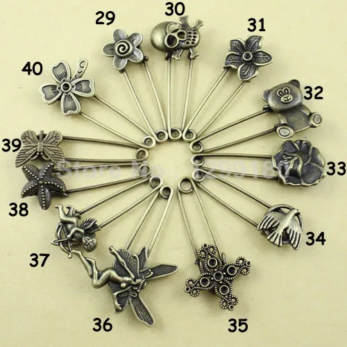 Random Mixed Alloy Antique Brass Vintage Brooch Safety Pins For Garment Accessories Scarf Clip Approx:52-68mm  2pcs