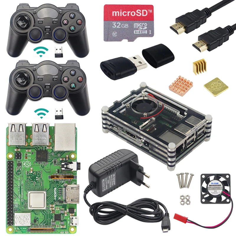 Raspberry Pi 3 Model B + игровой комплект + 2 шт. игровой контроллер + чехол + вентилятор + мощность + 32 г SD карта + кардридер + кабель HDMI + теплоотвод для