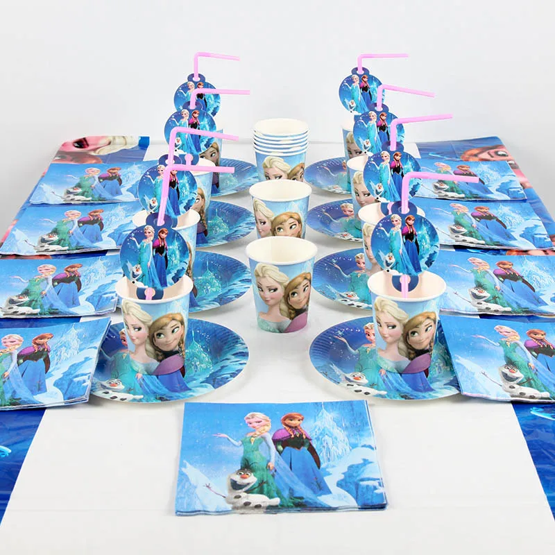 

Frozen Party theme Tableware Set Total 81 pcs Cup+Plate+Napkin+Tablecover+Straw children kid's Gril's Party Supplies Decoration