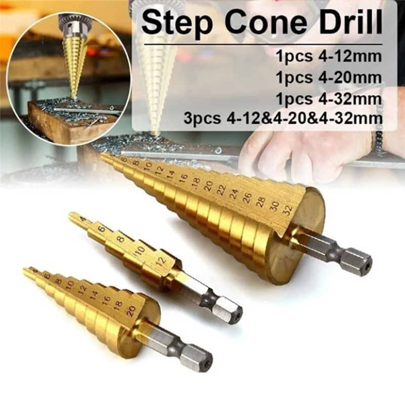 

Step Drill Bit Spiral Flute HSS Steel Cone Titanium Mini Drill Bit Tool Set Hole Cutter 4-12/20/32mm