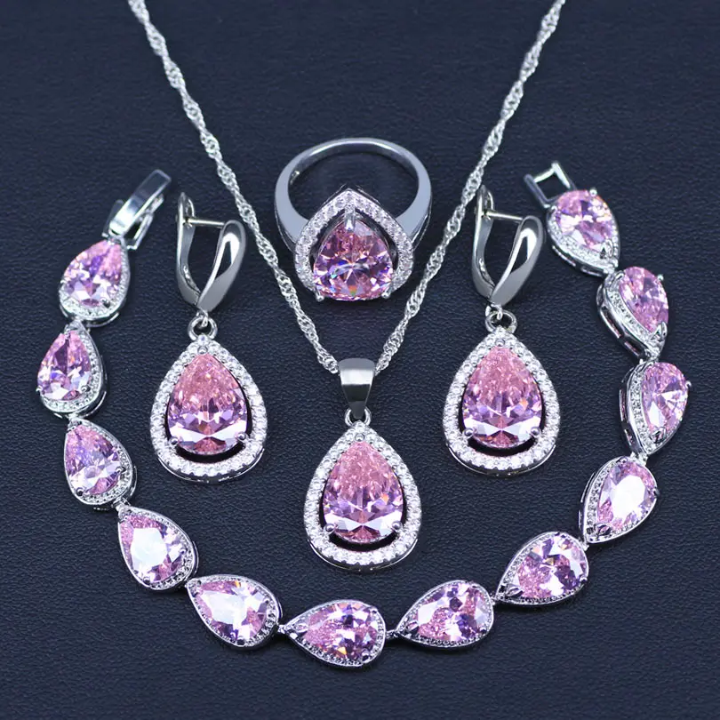 

Natural 925 Silver Jewelry Pink Cubic Zirconia White Crystal Jewelry Sets For Women Earrings/Pendant/Necklace/Rings/Bracelet
