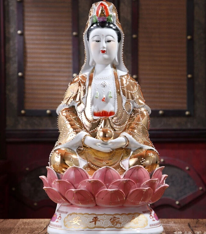 

14" China handmade golden porcelain Family peace Guanyin fine Kwan-yin Statue