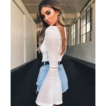 

Top Quality Mesh Long Horn Sleeve Rayon Backless Bandage Swimsuit Sexy Bodysuit Holiday Party