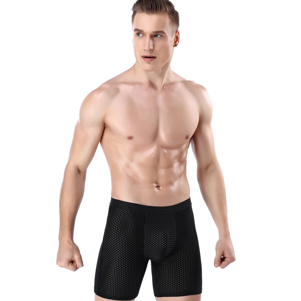Ледяной шелк фитнес длинное нижнее белье удобные мужские трусы сетка сексуальные тянущиеся боксеры спортивная одежда мужские трусики