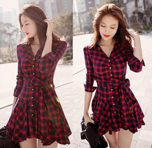 

Women Ladies Loose Top Casual Shirt Summer Fashion Elegant Red Plaid Plain Button Long Tops Tunic Female Women Mini Dress Blouse