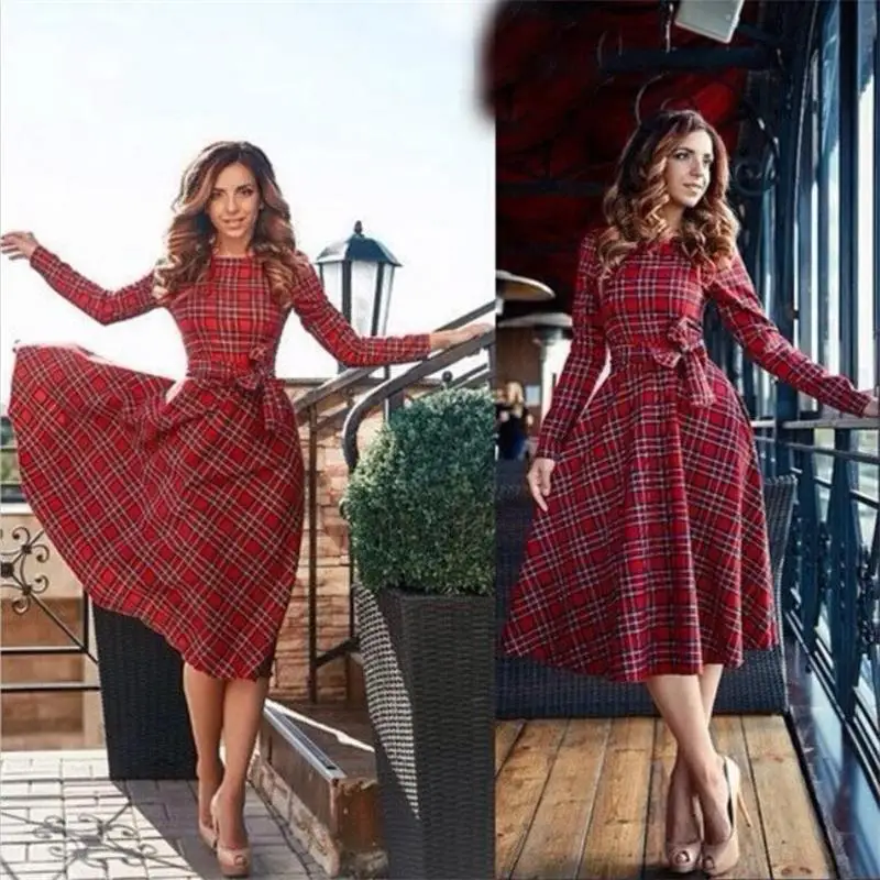

Autumn Winter XL Plus Size Vintage Midi Dresses 2019 Korean Women Elegant Bodycon Plaid Dress Party Long Sleeve Runway Vestidos
