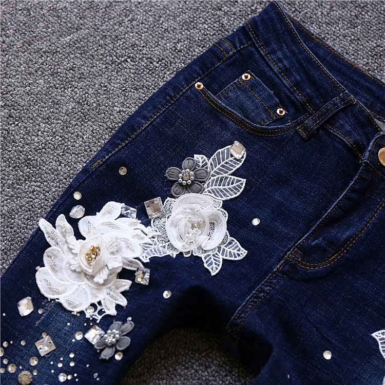 Jeans Pantaloni Modo Dei Jean Blu Denim 3d Del Donne Nono Skinny 2018 Marca Fiore Bianco Strappati Femme Ricamo Donna Di SUVpzMq