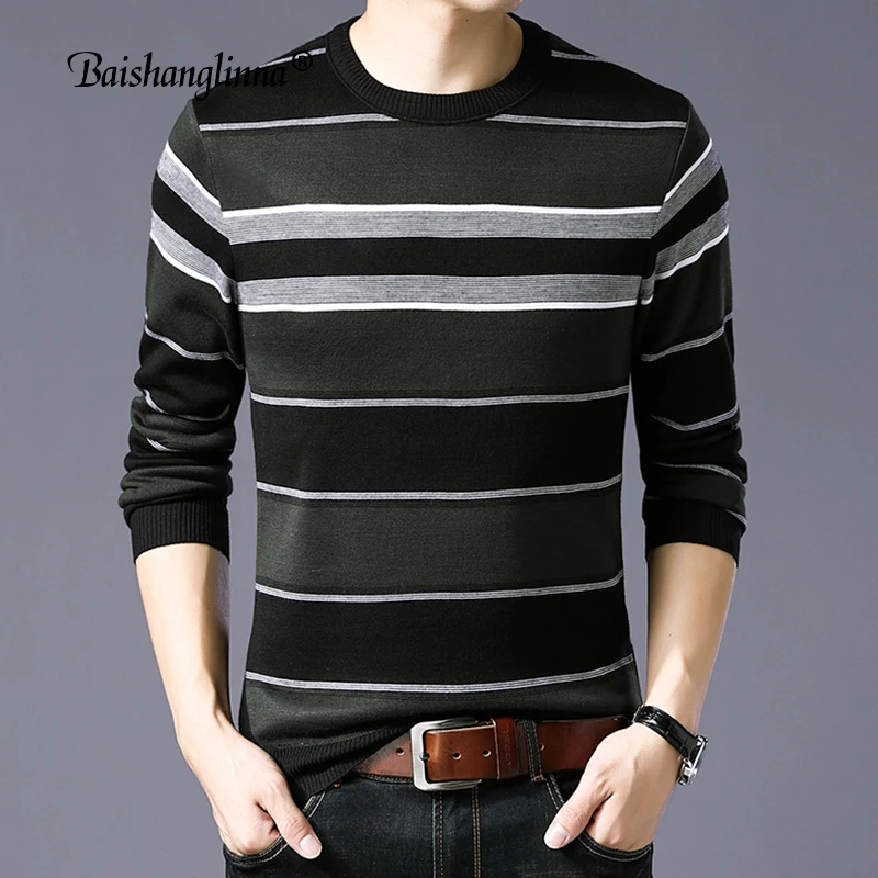Baishanglinna Fashion Brand Sweaters Mens Pullovers O-Neck Slim Fit Jumpers Knitwear Winter Warm Striped Casual Sweater 18113