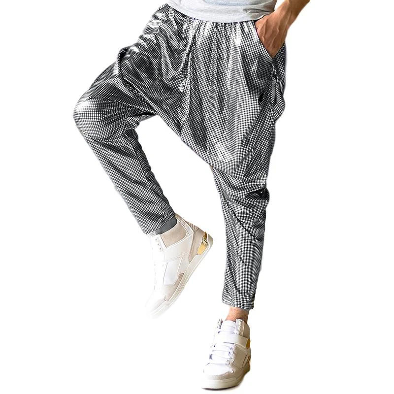Idopy Men`s Shiny Harem Pants Sequins Party Stage Performance Drop Crotch Hip Hop Trousers For Singers - Цвет: grey