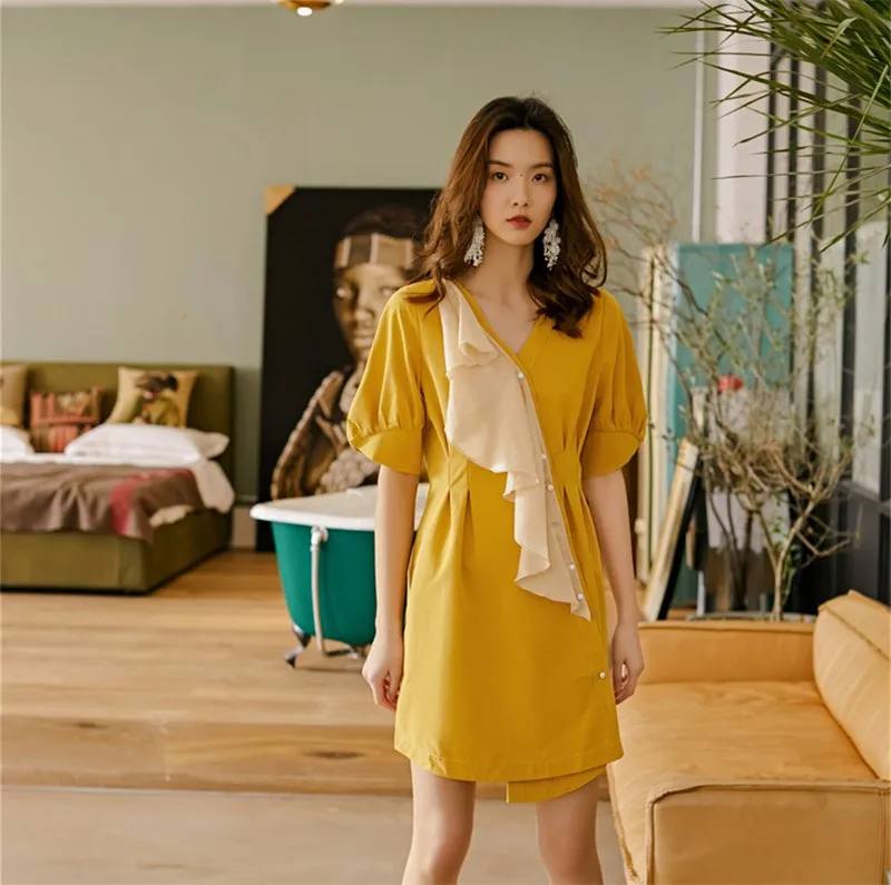 

French Girl Puff Sleeve Mini Dress 2019 Women V Neck Retro Patchwork A Line Dress Fashion Irregular Tunic Shirt Dress Vestidos