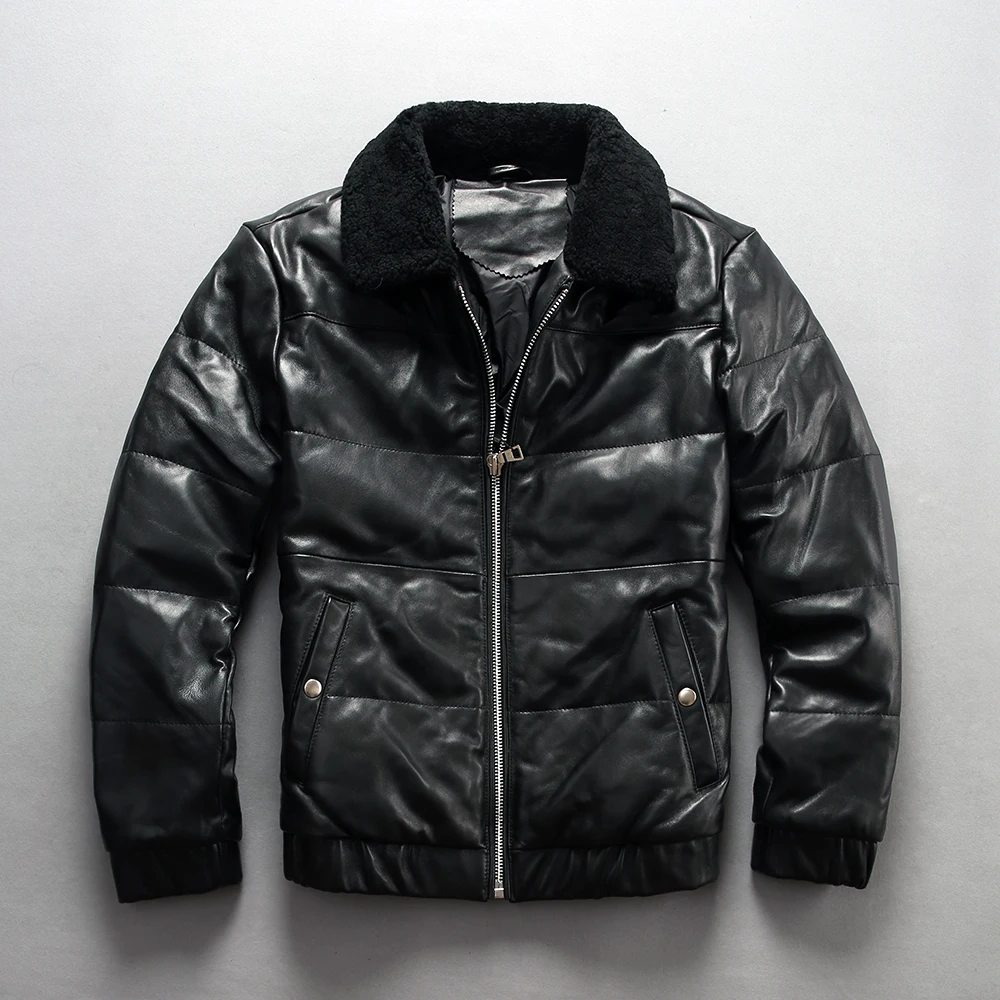 

2018 men's fur collar winter leather jacket slim fit white duck down genuine leather coat men casual down jacket for men black