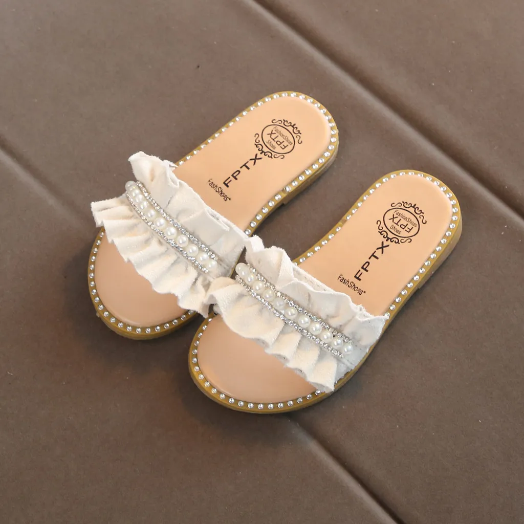 Kids Sandals Toddler Baby Girls Sandals Pearls Crystal Ruffles Princess Shoes Slippers Comfortable Casual Summer Shoes