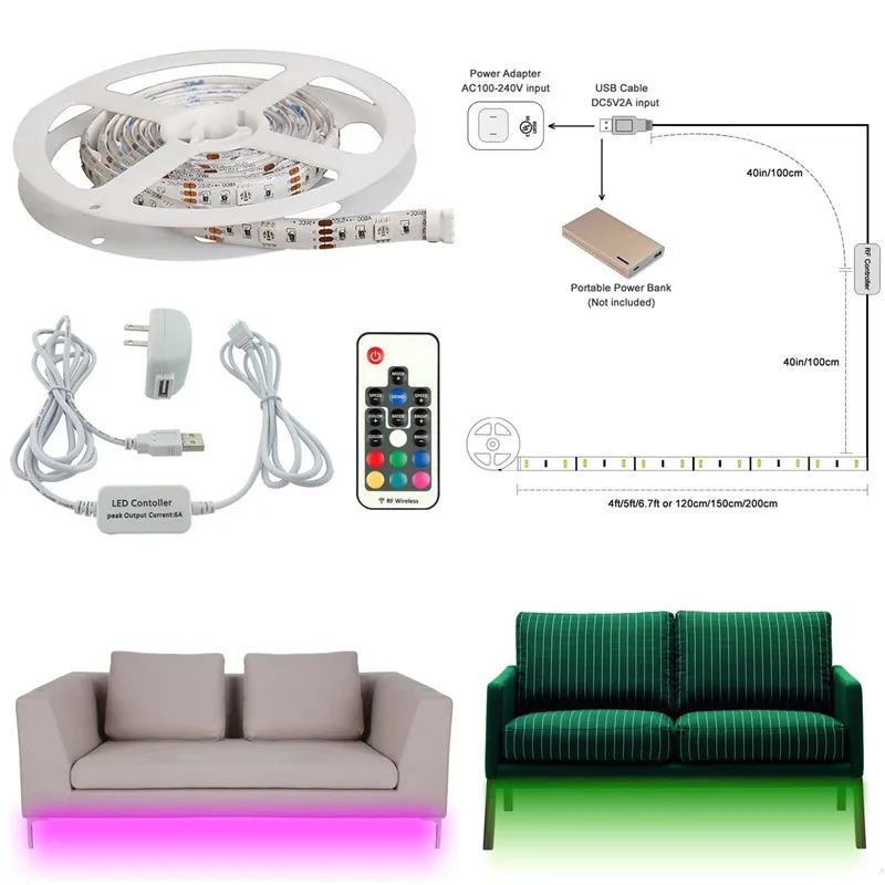

AIBOO Sofa Couch Bed Lights RGB LED Strips Illumination with Wireless RF Remote Control, Entrance, Closet, Staircase Lighting